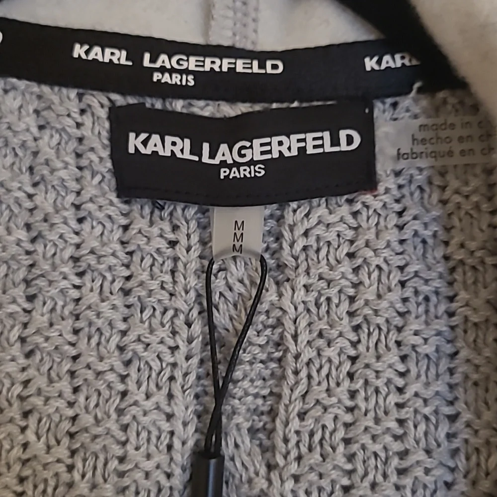 NWT Karl Lagerfeld Gray Hooded Sweater Jacket with Patches Size M - Picture 3 of 10